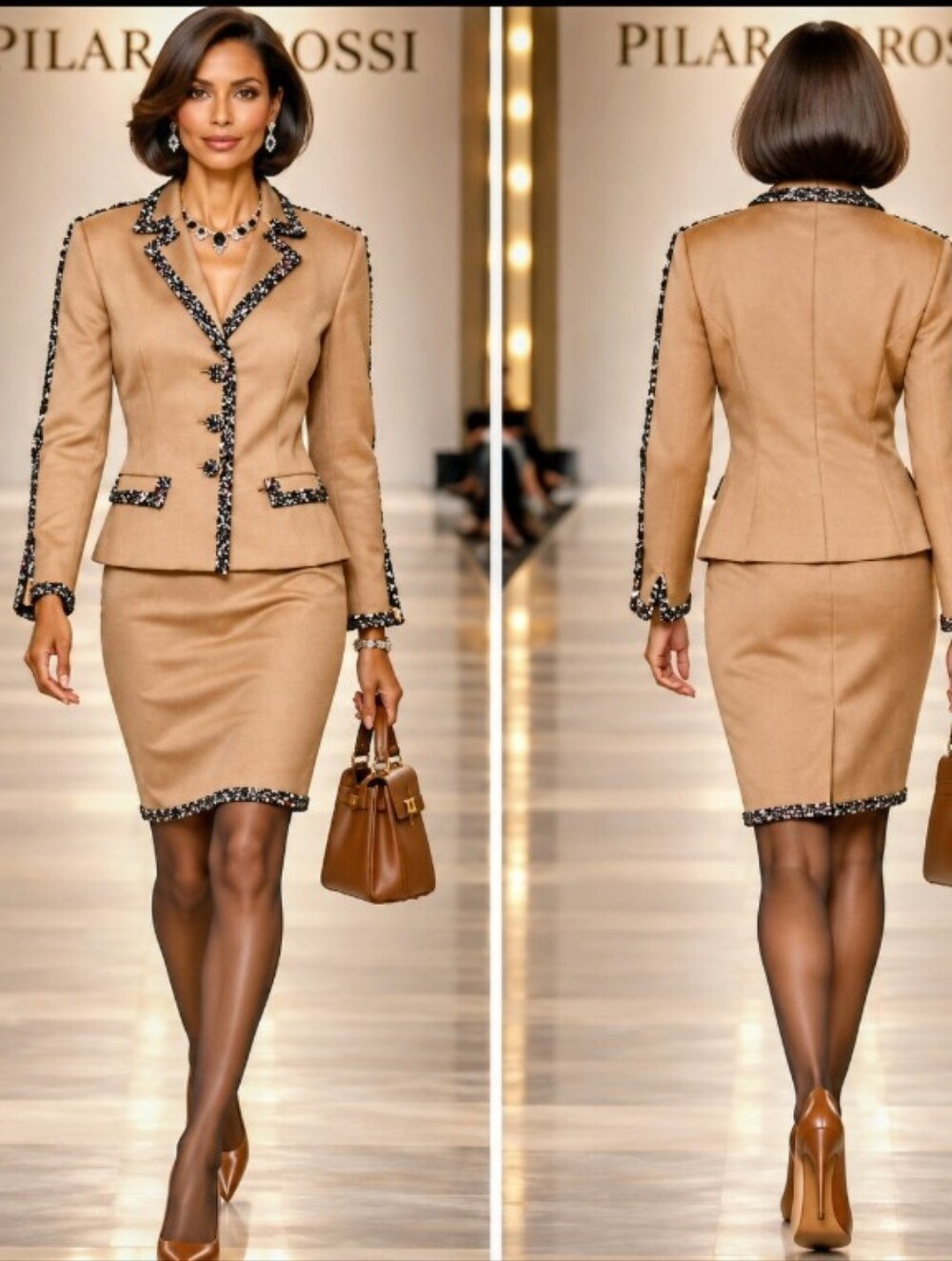 Rare Pilar Rossi Tan 100% Quality Silk Black White Tweed Boucle Trim Skirt Suit